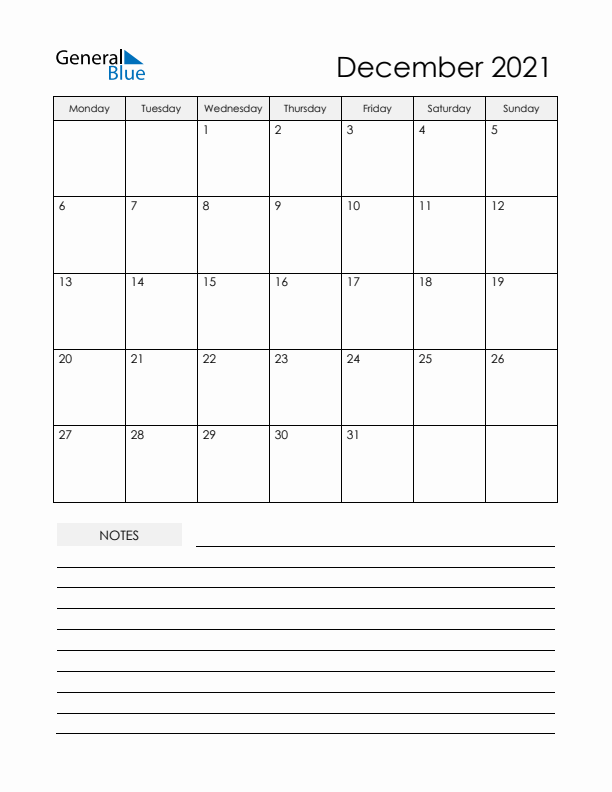 Printable Calendar with Notes - December 2021