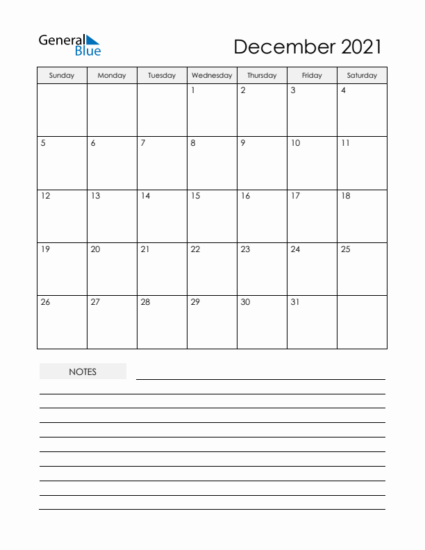 Printable Calendar with Notes - December 2021