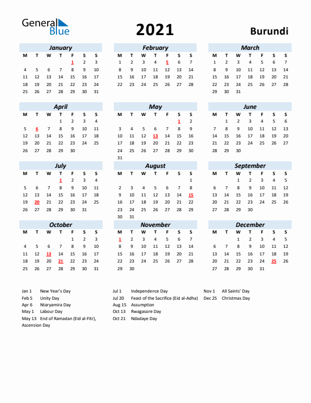 2021 Calendar for Burundi with Holidays
