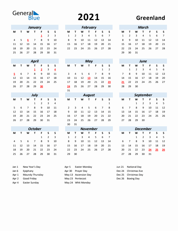 2021 Calendar for Greenland with Holidays