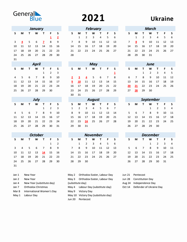 2021 Calendar for Ukraine with Holidays