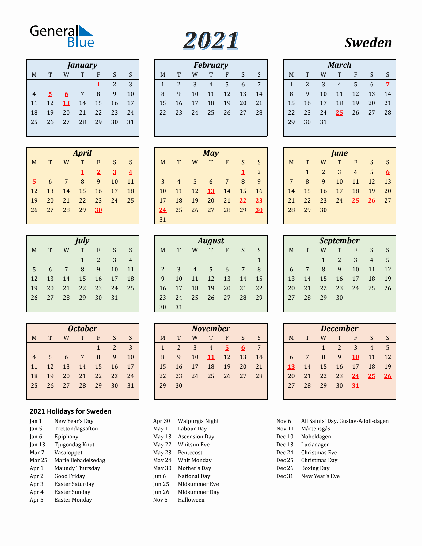 Sweden Calendar 2021 with Monday Start