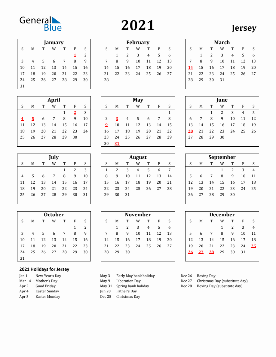 Free Printable 2021 Jersey Holiday Calendar