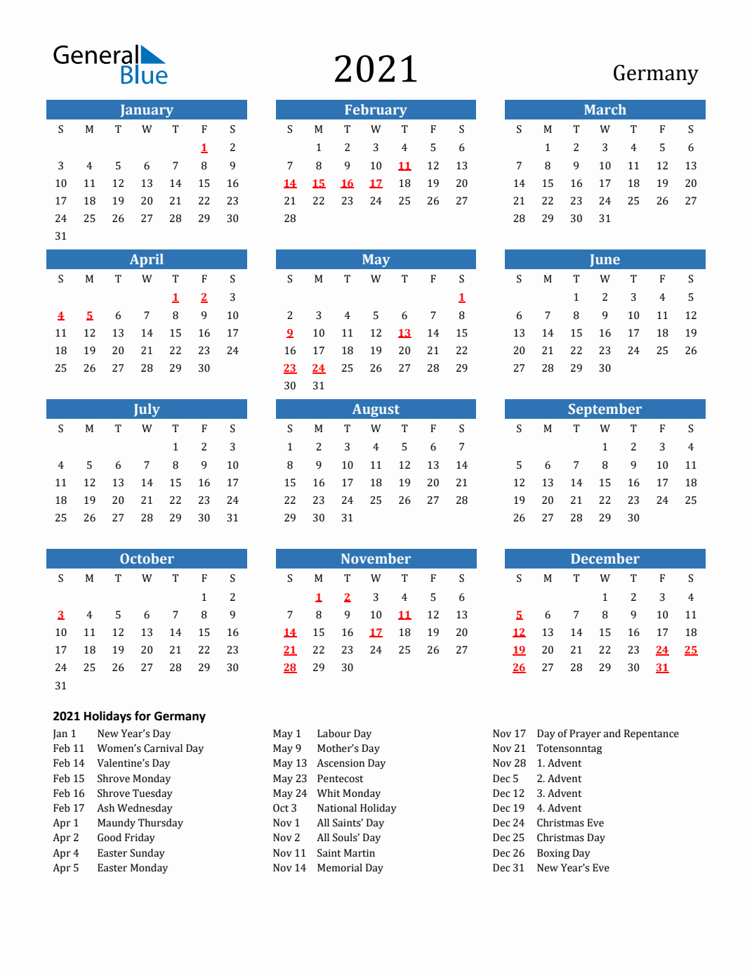 2021 Germany Calendar with Holidays