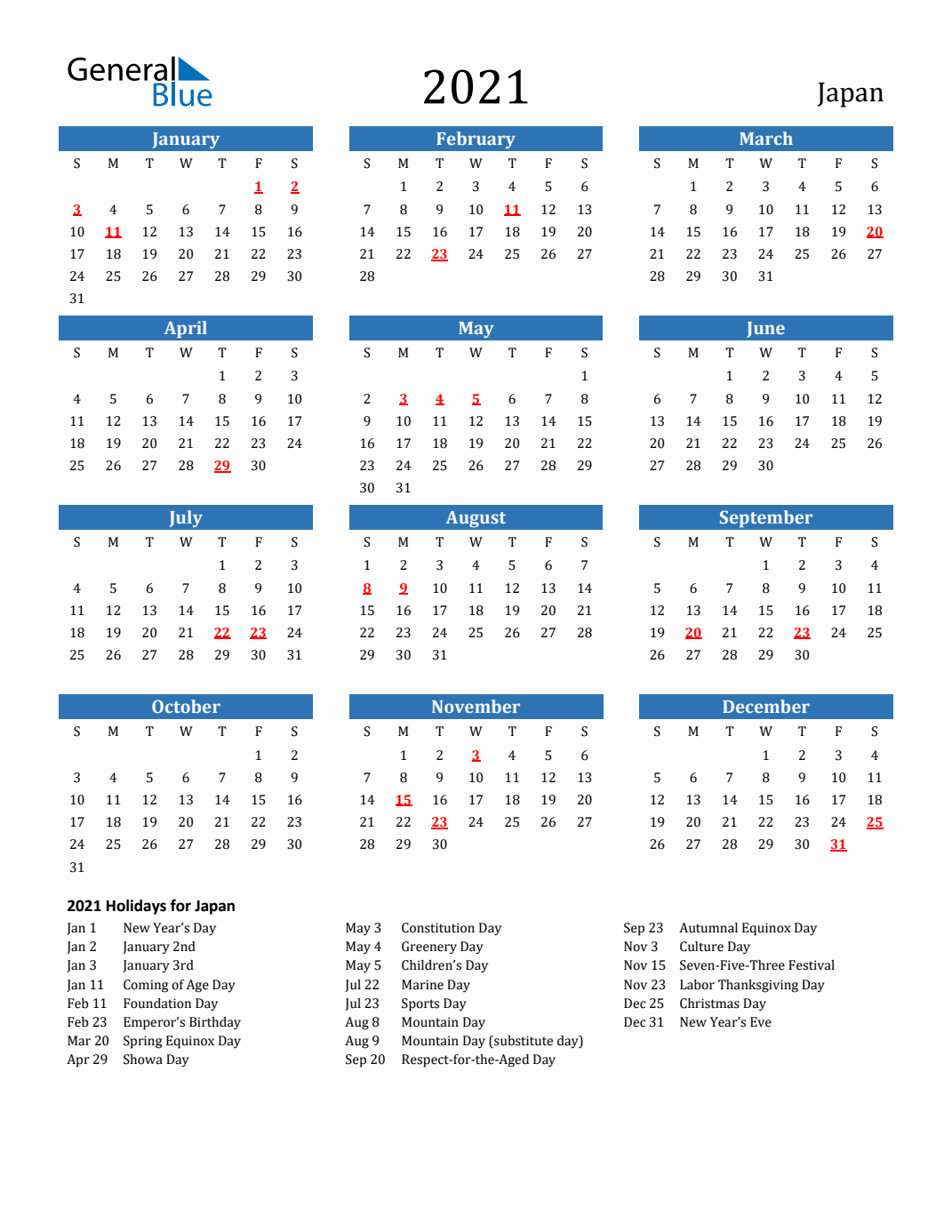 2021 Japan Calendar with Holidays