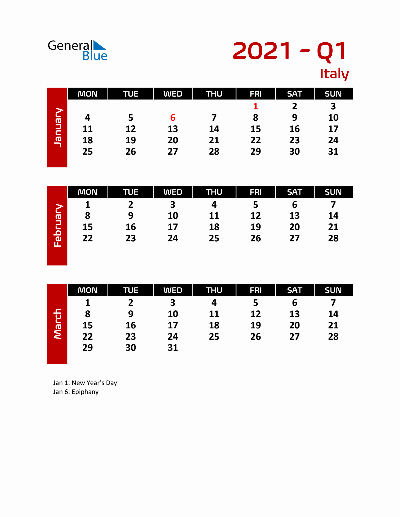 Q1 2021 Calendar with Holidays in Italy