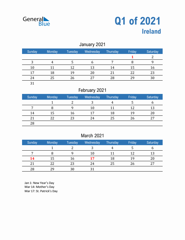 Ireland Q1 2021 Quarterly Calendar with Sunday Start