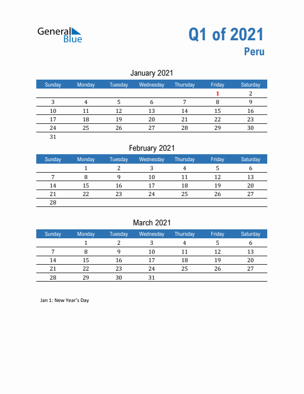 Peru Q1 2021 Quarterly Calendar with Sunday Start