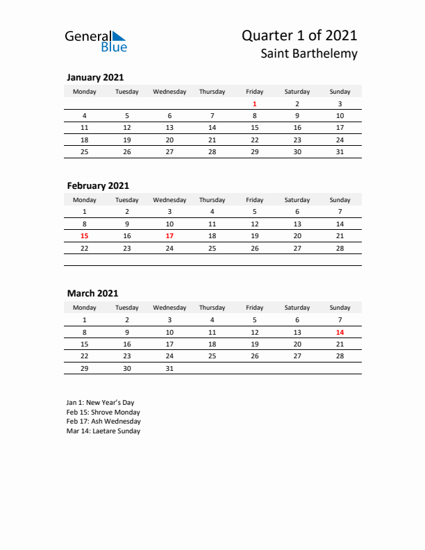 2021 Q1 Three-Month Calendar for Saint Barthelemy