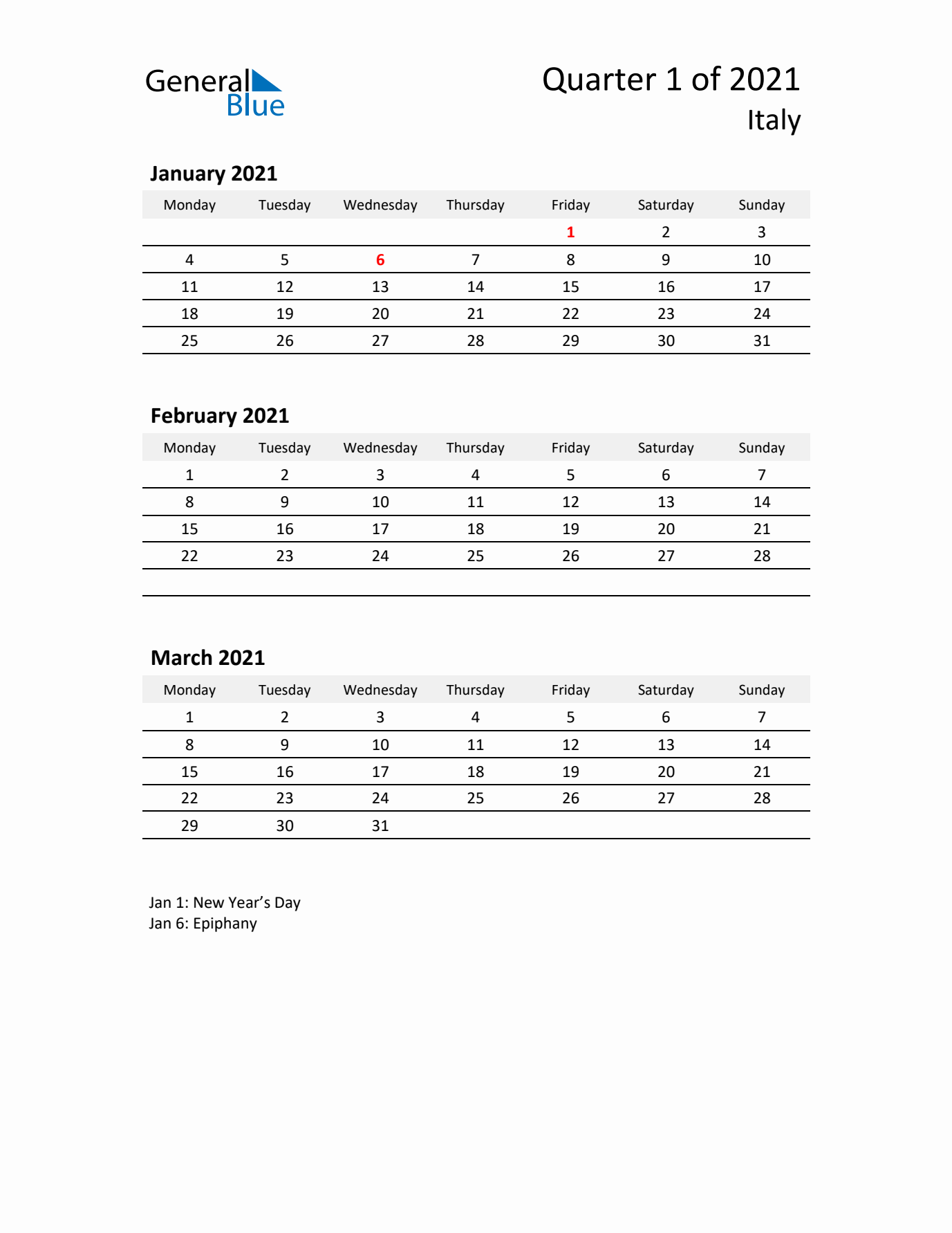 2021 Q1 Three-Month Calendar for Italy