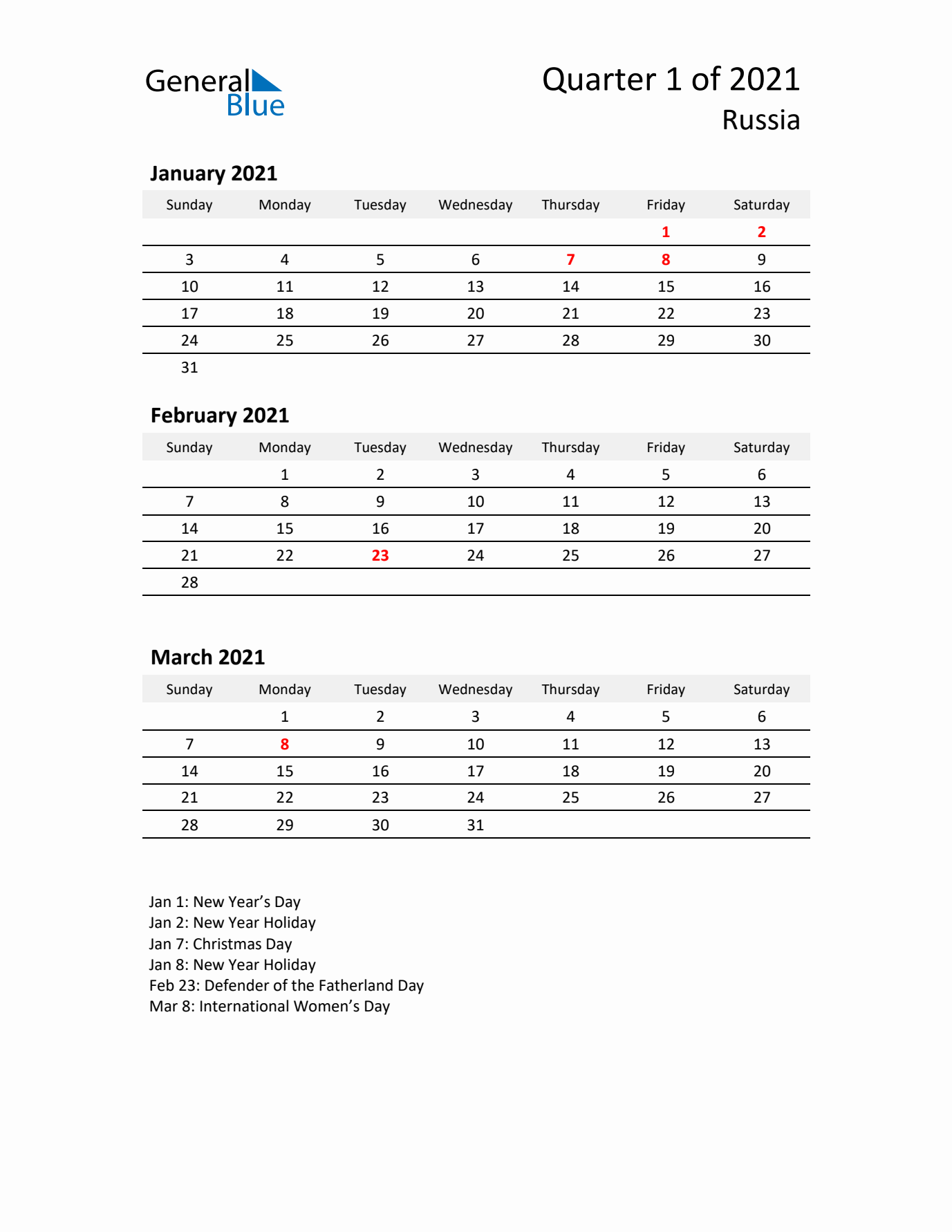 2021 Q1 Three-Month Calendar for Russia