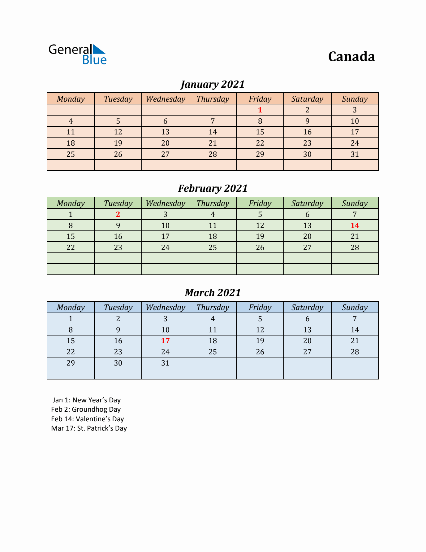 Q1 2021 Holiday Calendar - Canada