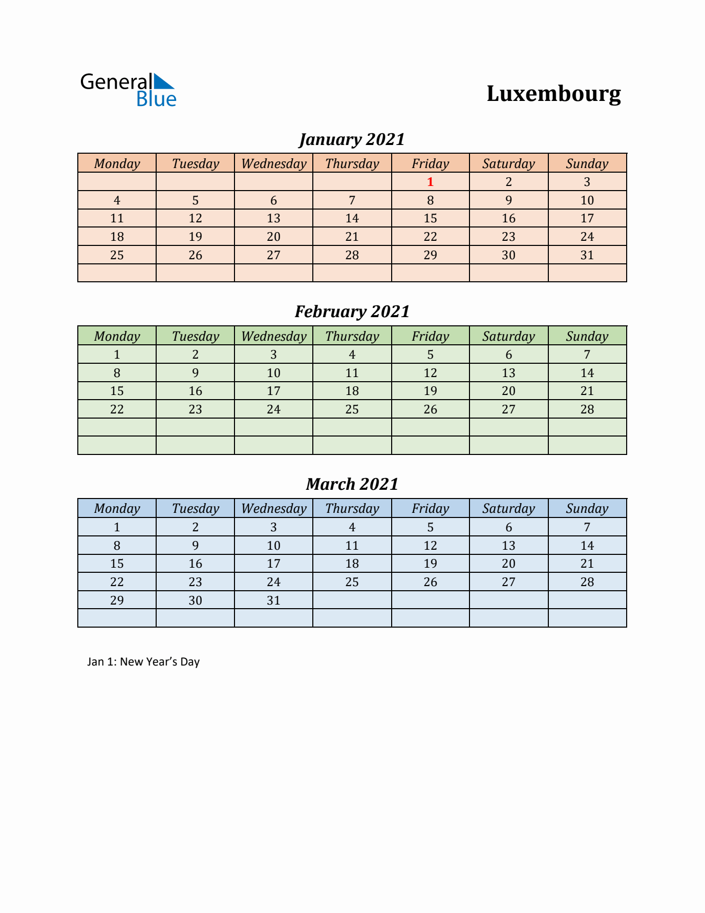 Q1 2021 Holiday Calendar - Luxembourg