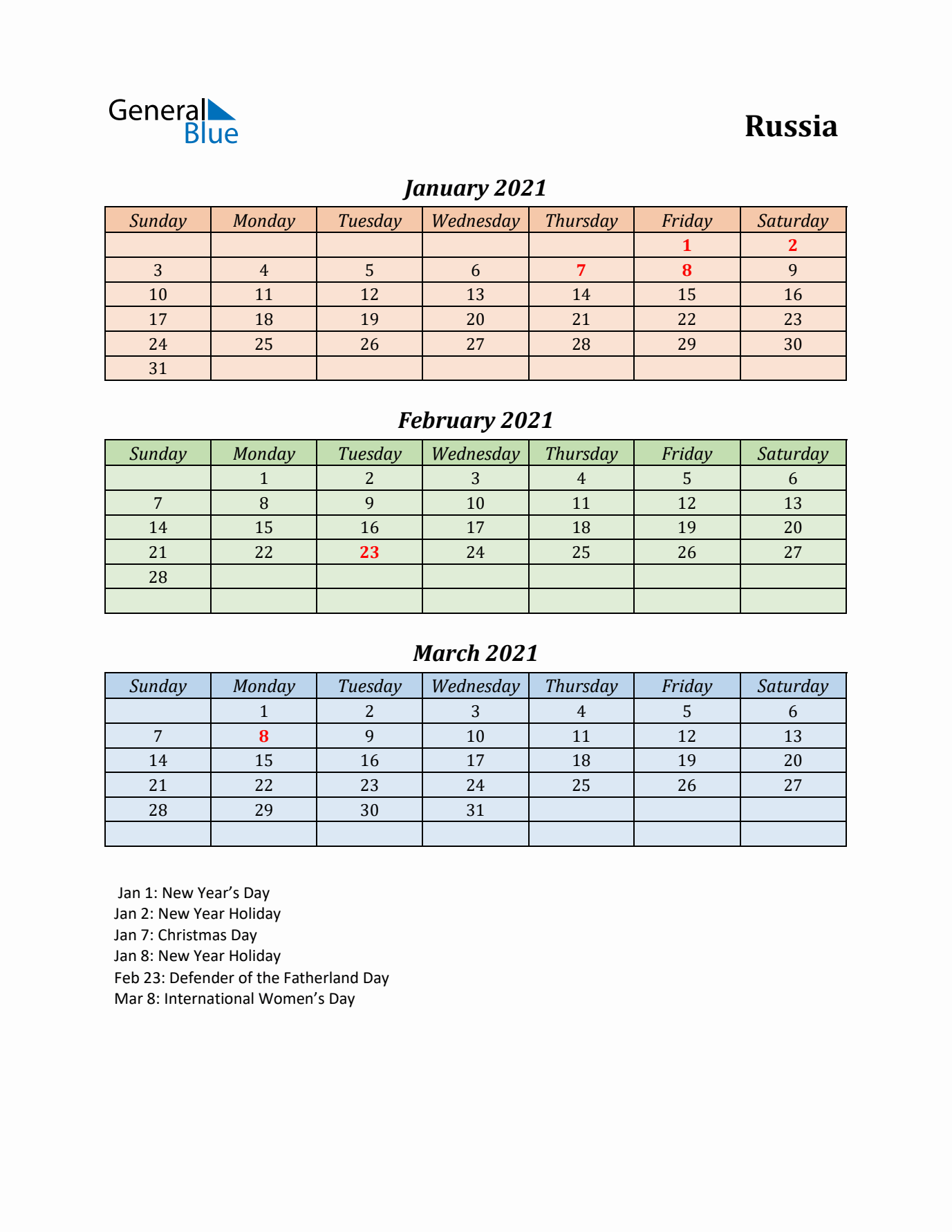 Q1 2021 Holiday Calendar - Russia