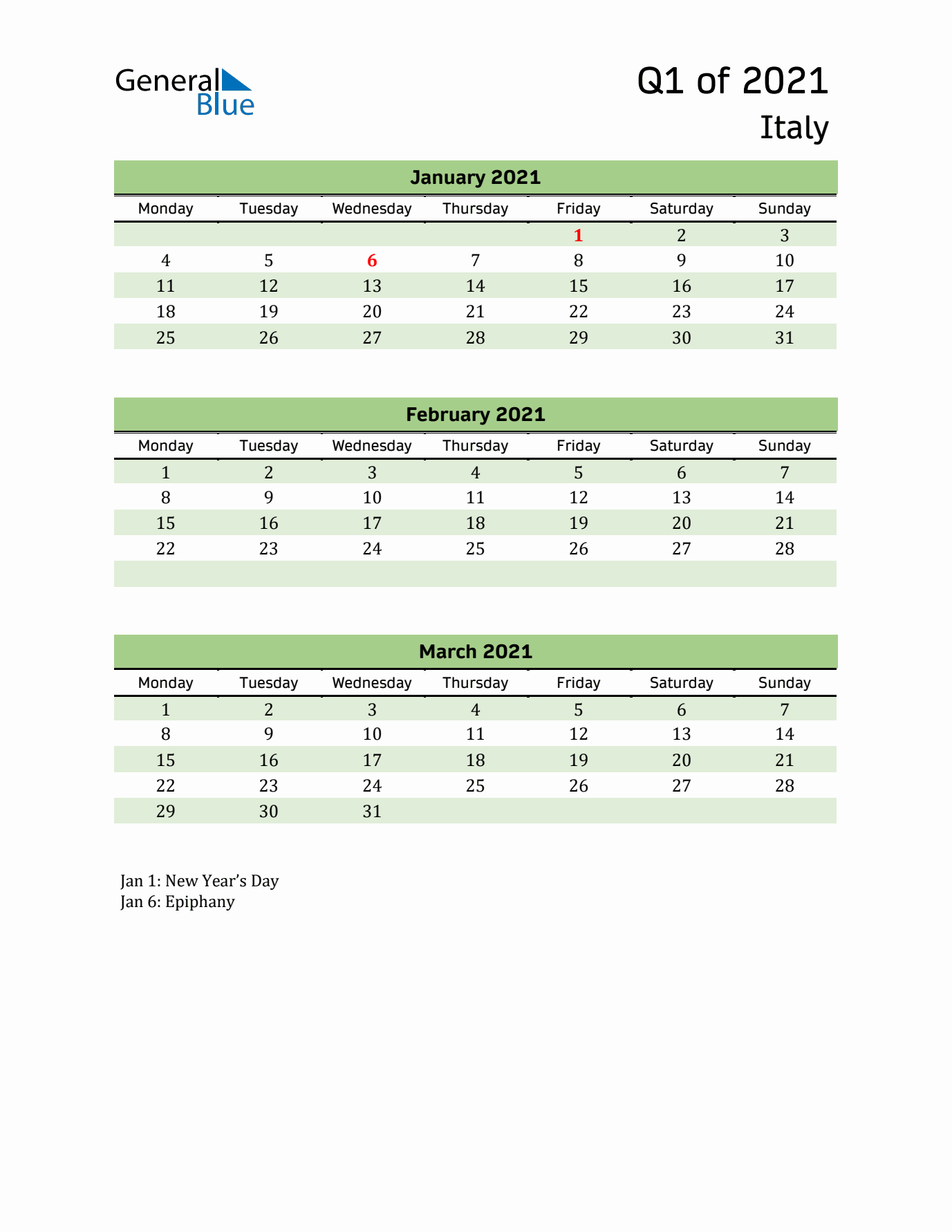 Quarterly Calendar 2021 with Italy Holidays