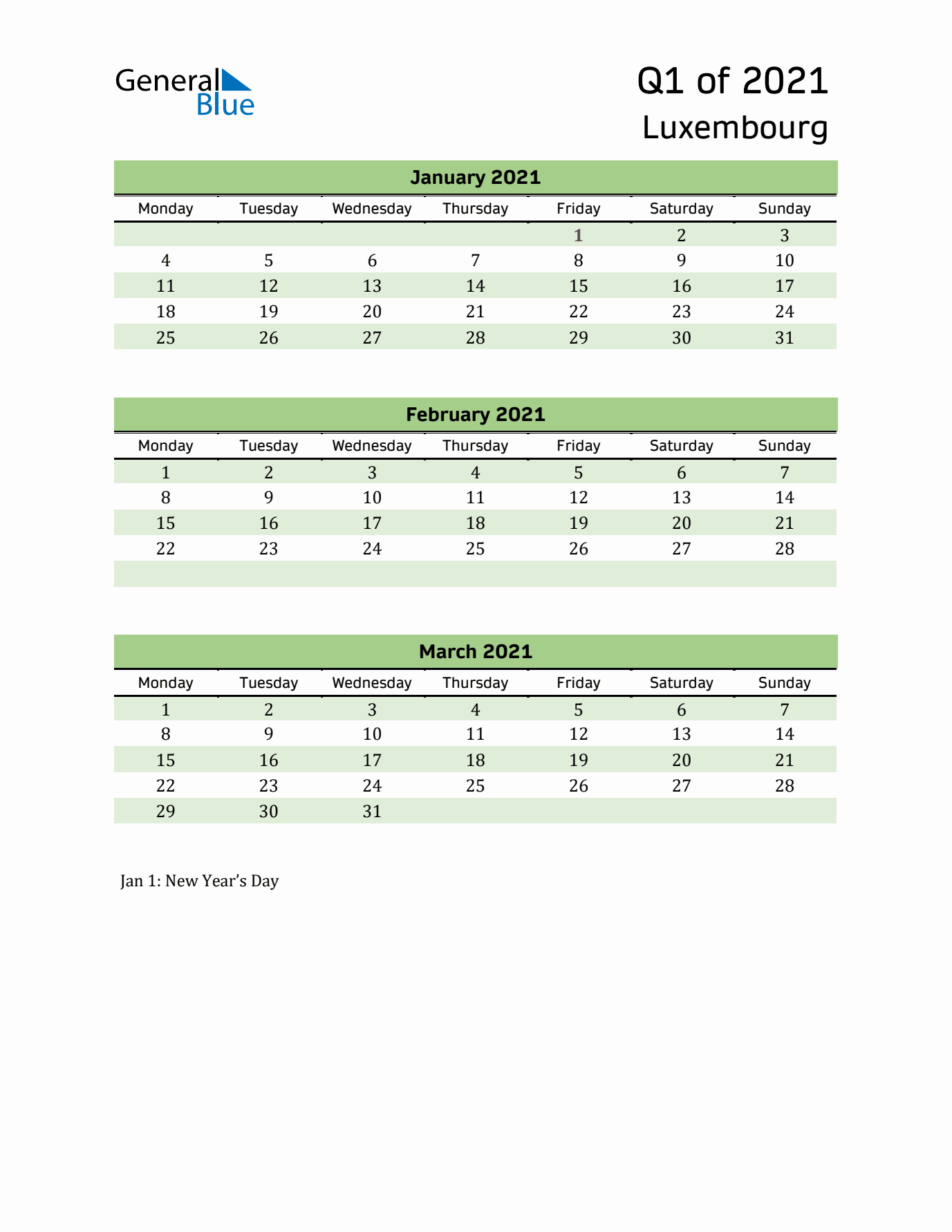 Quarterly Calendar 2021 with Luxembourg Holidays