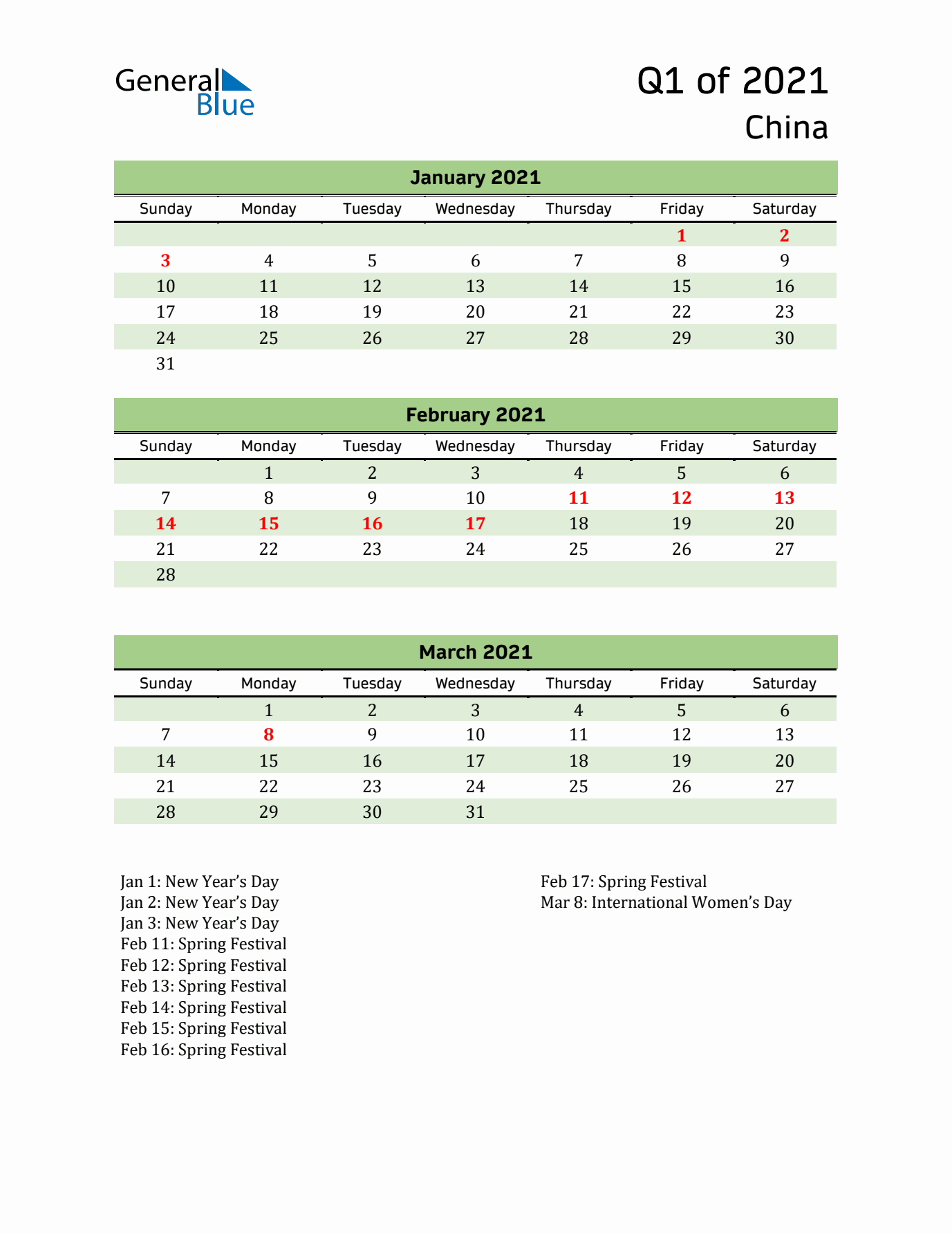 Quarterly Calendar 2021 with China Holidays