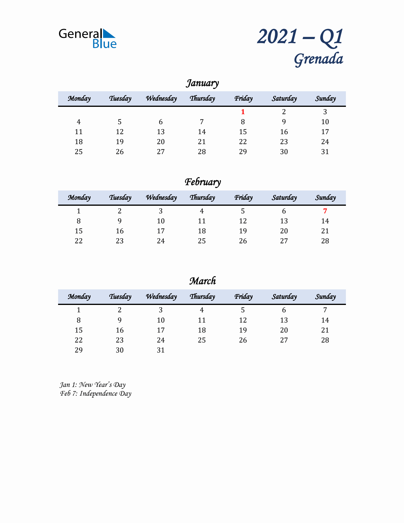 January, February, and March Calendar for Grenada with Monday Start