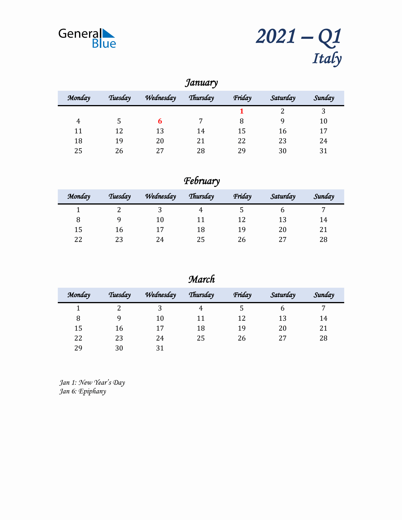 January, February, and March Calendar for Italy with Monday Start