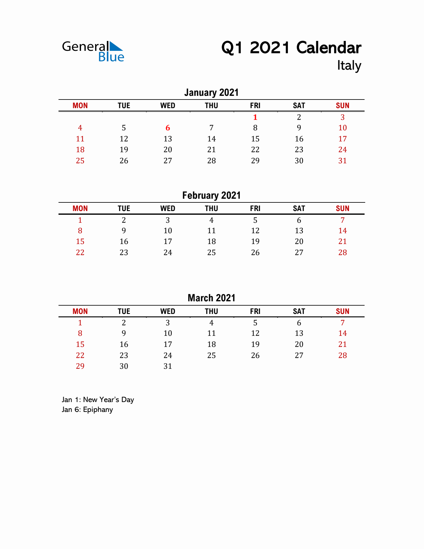 2021 Q1 Calendar with Holidays List for Italy