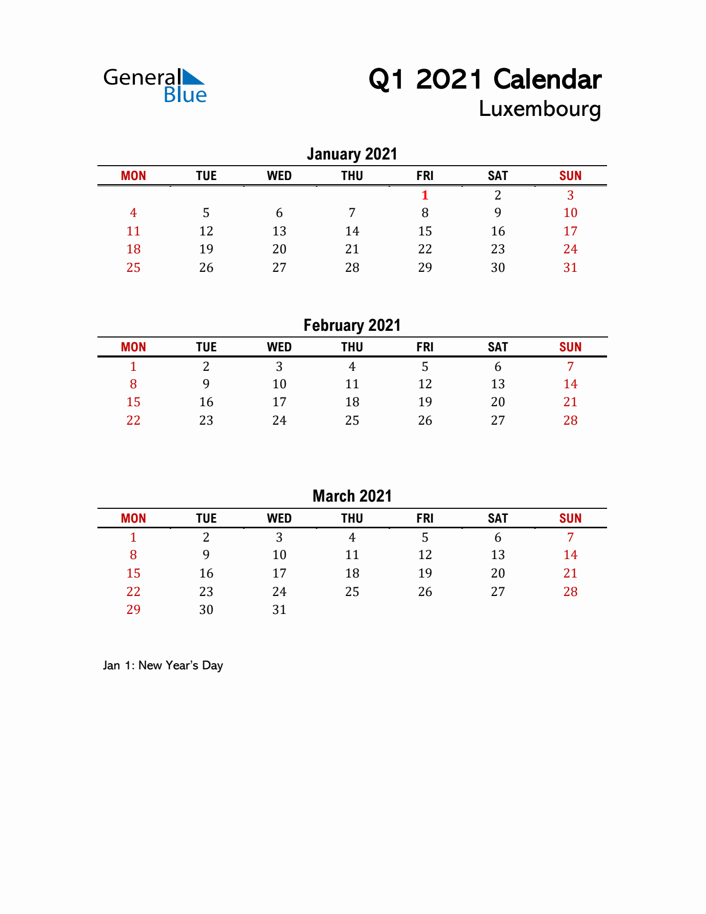 2021 Q1 Calendar with Holidays List for Luxembourg