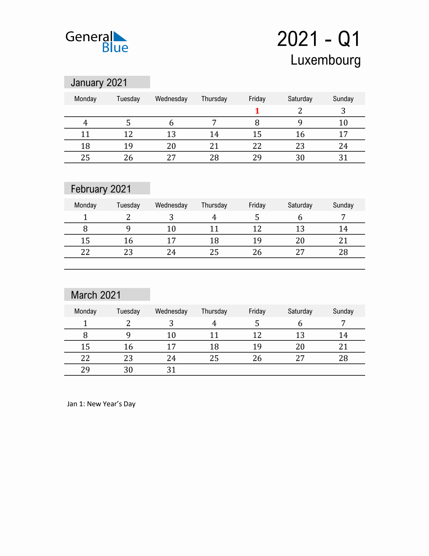 Luxembourg Quarter 1 2021 Calendar with Holidays