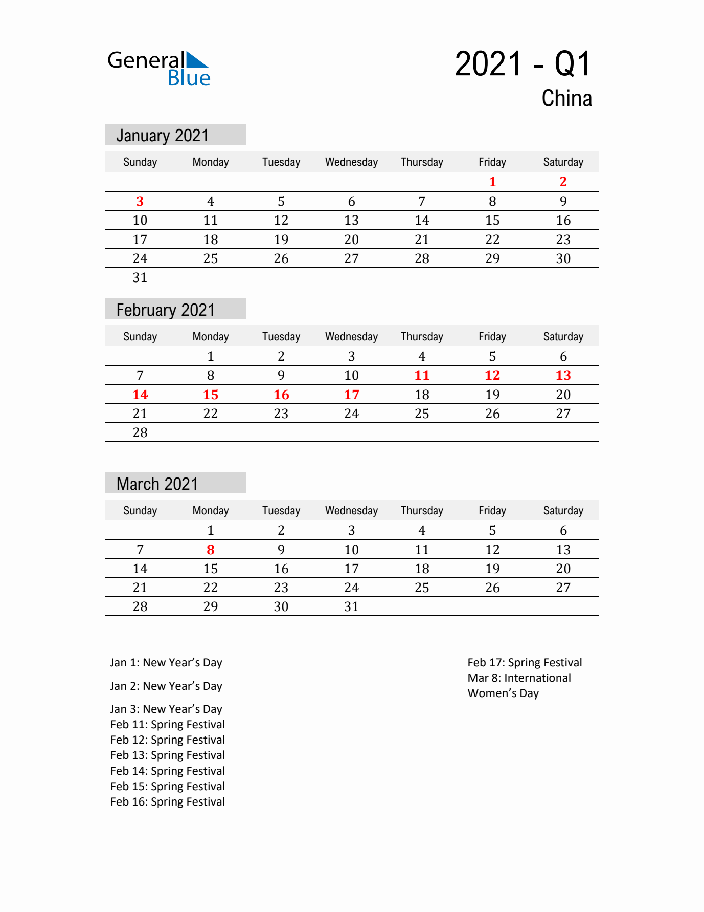 China Quarter 1 2021 Calendar with Holidays
