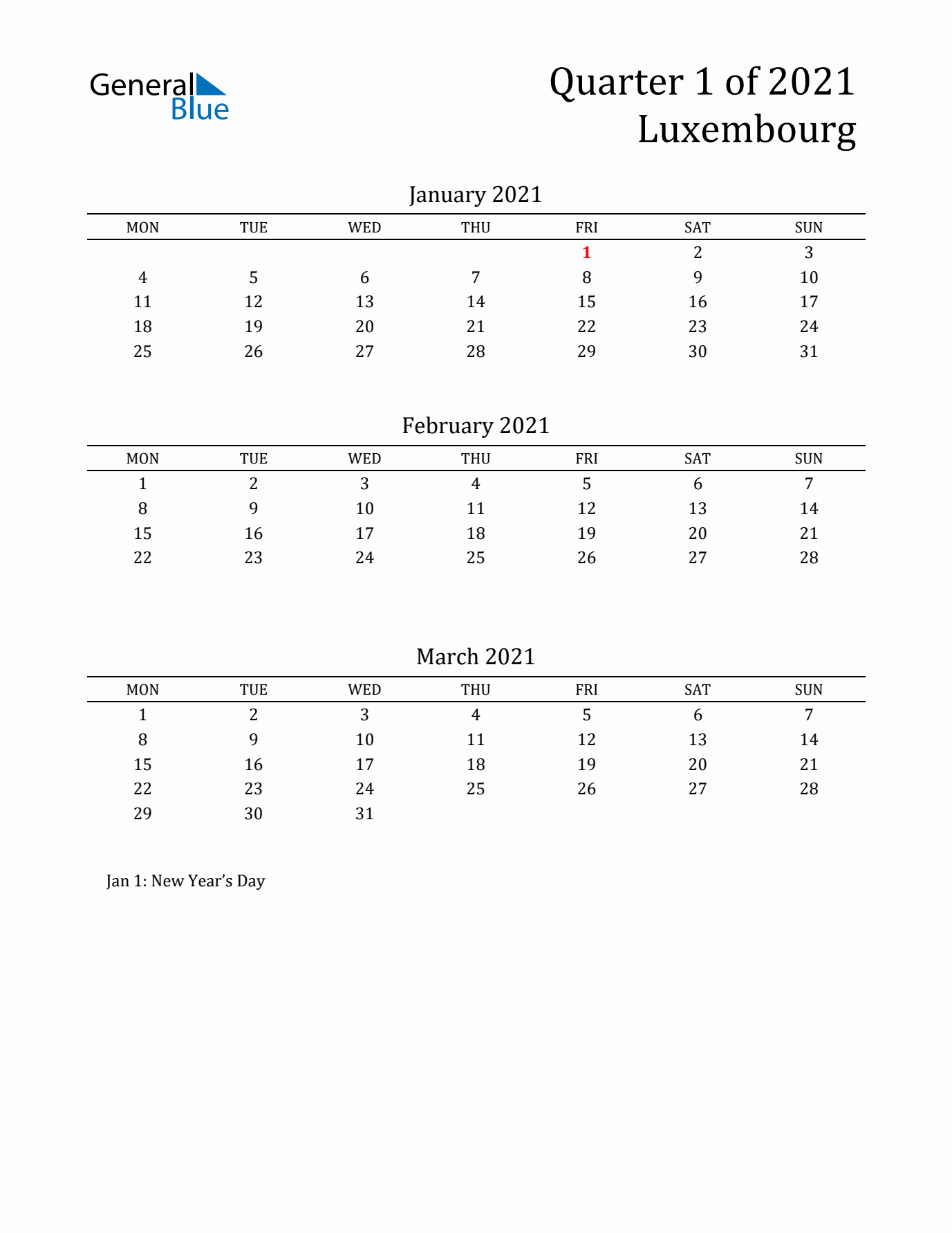 Quarter 1 2021 Luxembourg Quarterly Calendar