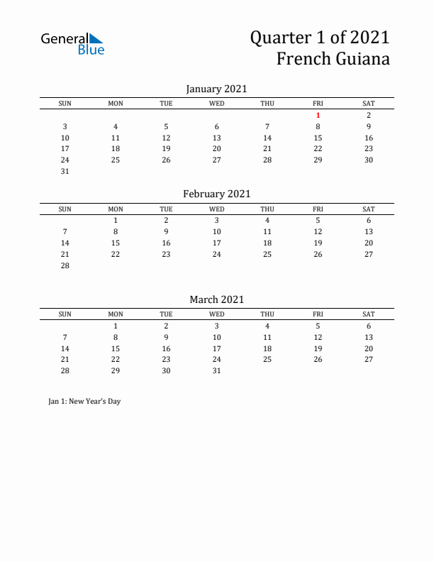 Quarter 1 2021 French Guiana Quarterly Calendar