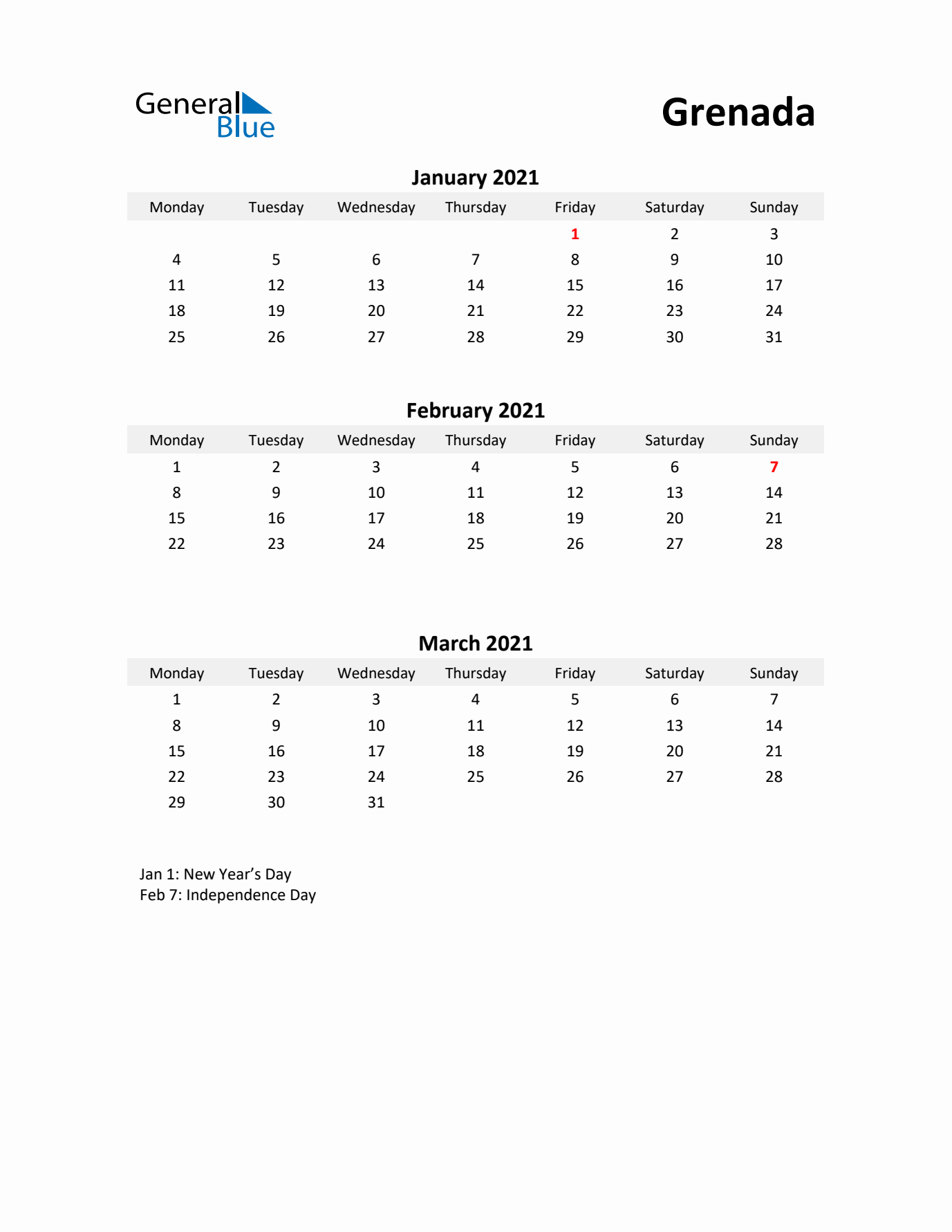 Printable Quarterly Calendar with Notes and Grenada Holidays- Q1 of 2021