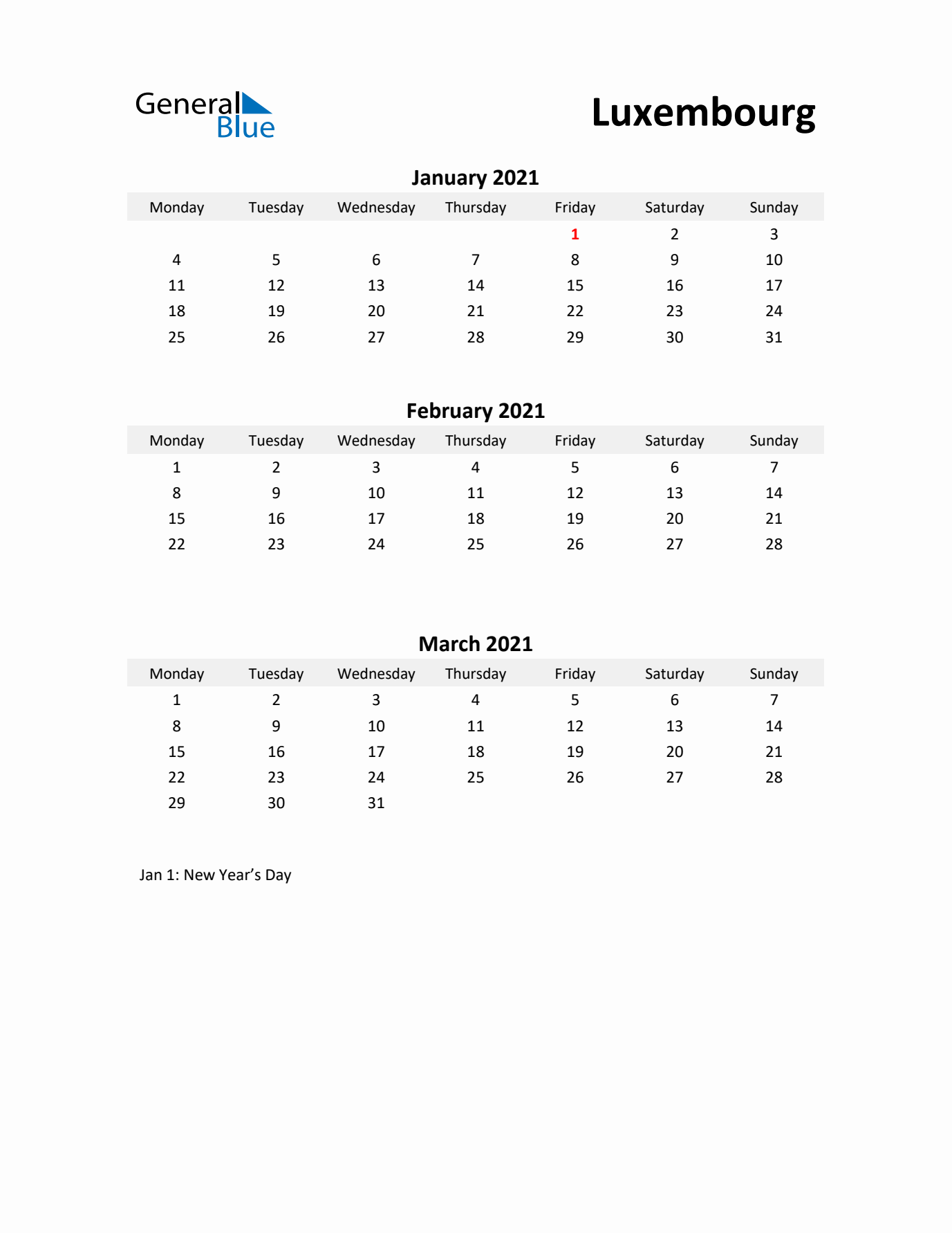 Printable Quarterly Calendar with Notes and Luxembourg Holidays- Q1 of 2021