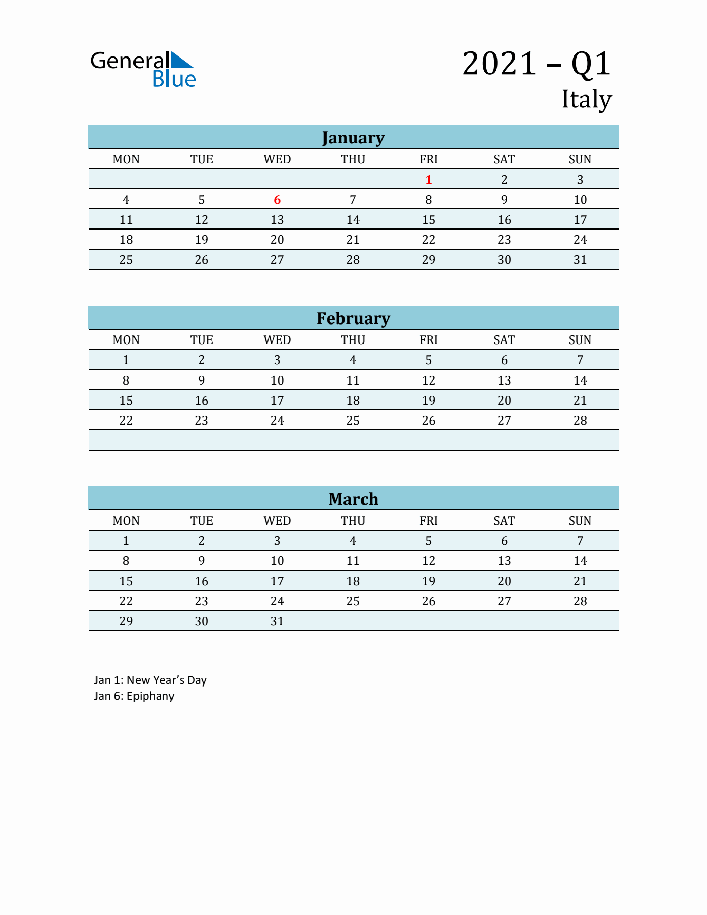 Three-Month Planner for Q1 2021 with Holidays - Italy