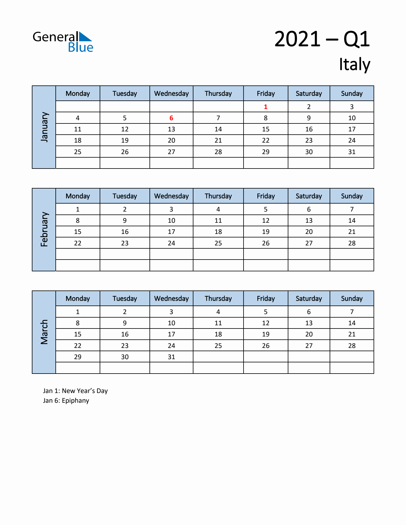Free Q1 2021 Calendar for Italy - Monday Start
