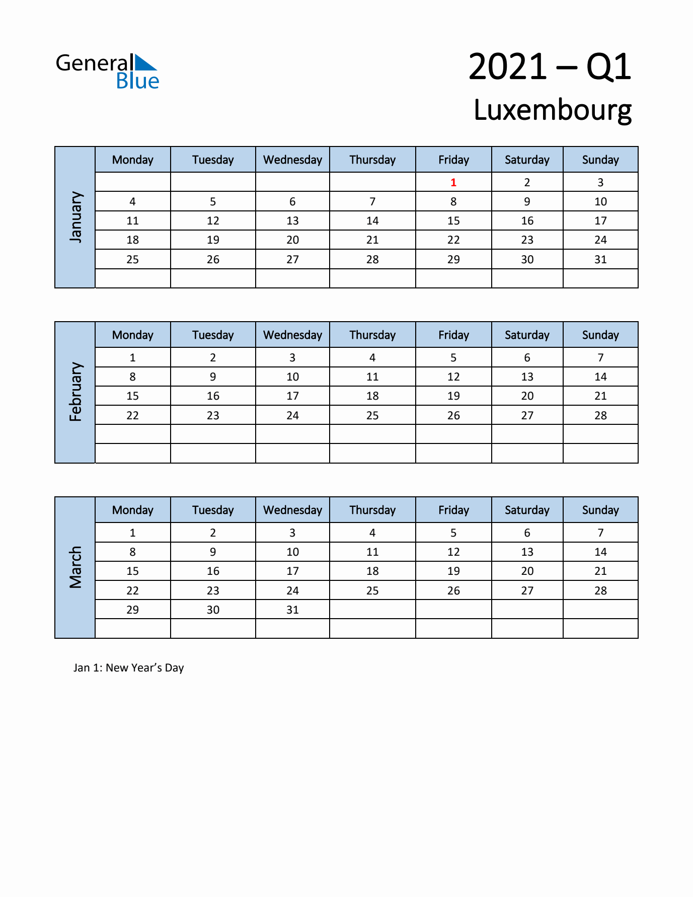 Free Q1 2021 Calendar for Luxembourg - Monday Start