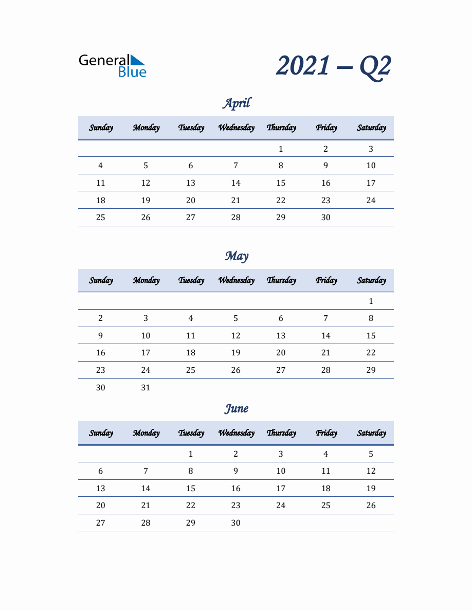 Quarterly Calendar for Quarter 2 2021 in PDF, Word, Excel