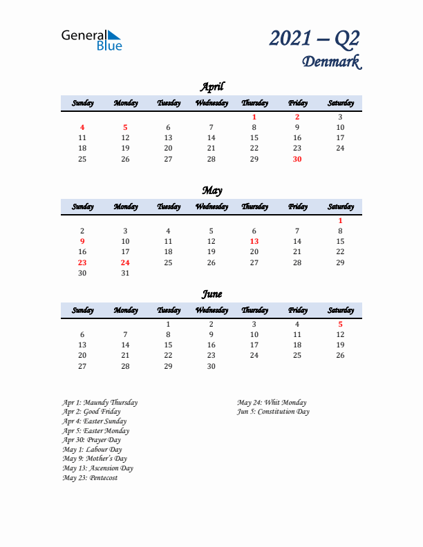 April, May, and June Calendar for Denmark with Sunday Start