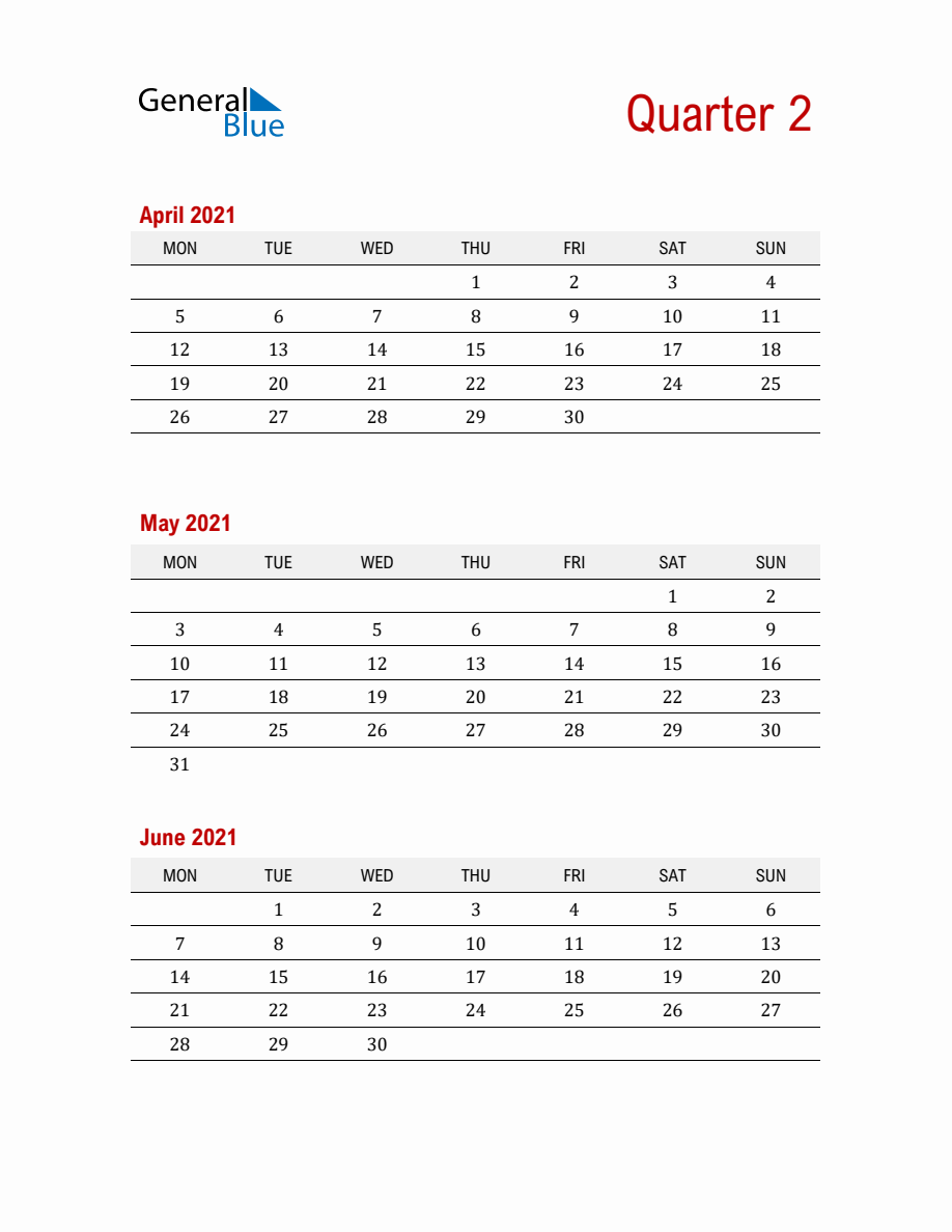 Quarter 2 2021 Calendar Printable (PDF, Word, Excel) - Monday Start