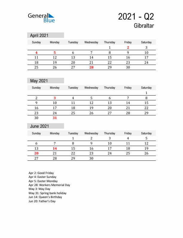 Gibraltar Quarter 2 2021 Calendar with Holidays