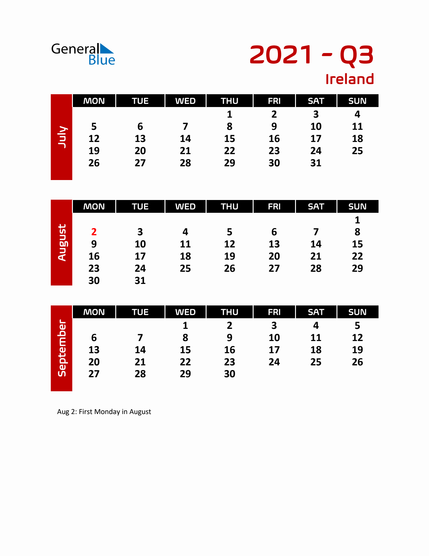 Q3 2021 Calendar with Holidays in Ireland