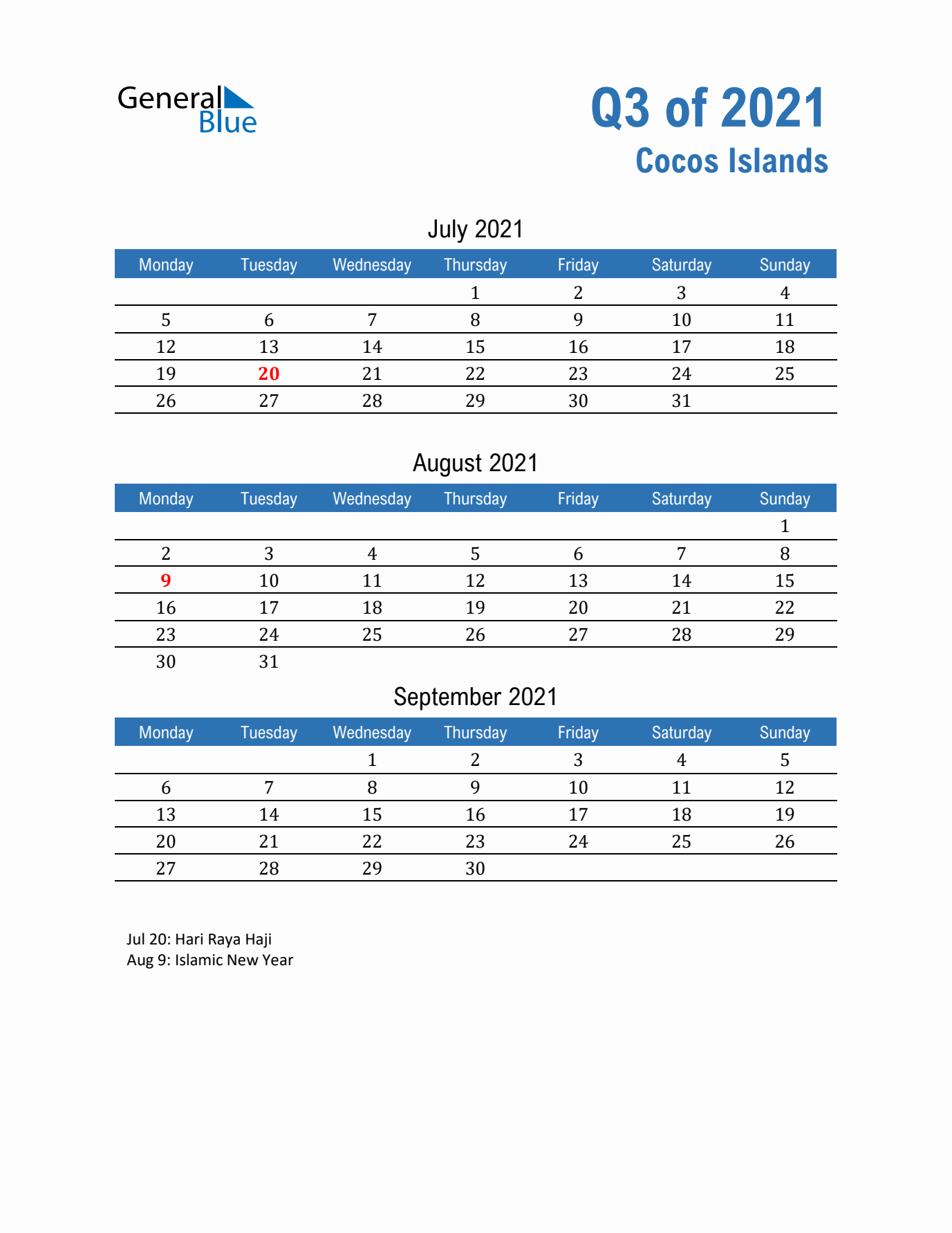 Cocos Islands Q3 2021 Quarterly Calendar with Monday Start