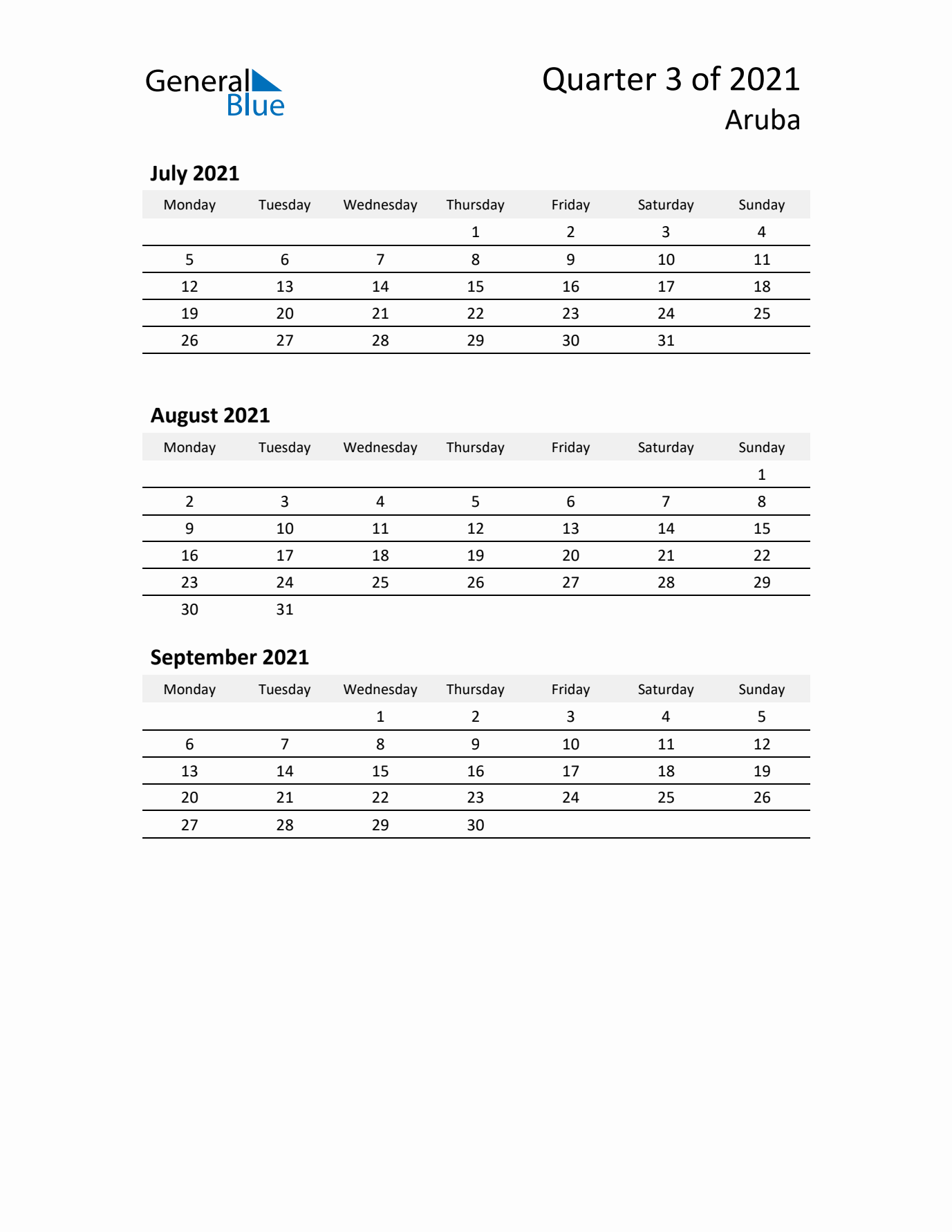 2021 Q3 Three-Month Calendar for Aruba