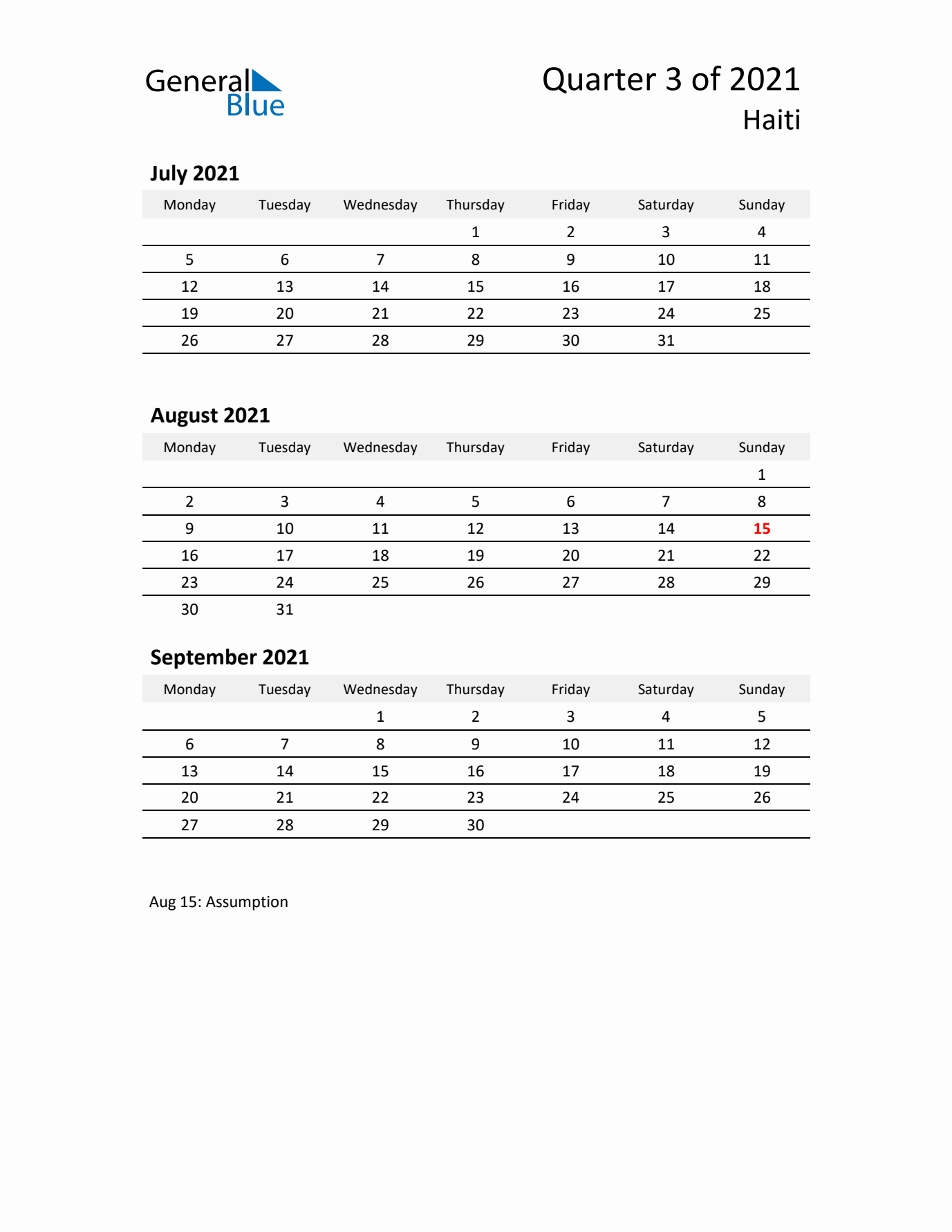 2021 Q3 Three-Month Calendar for Haiti