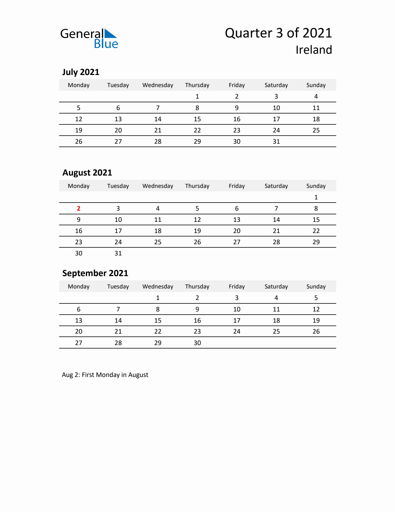 2021 Q3 Three-Month Calendar for Ireland