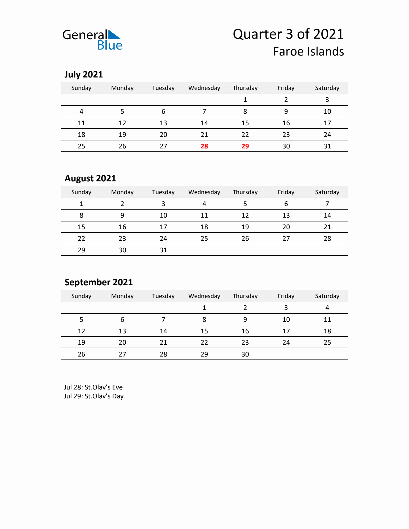 2021 Q3 Three-Month Calendar for Faroe Islands