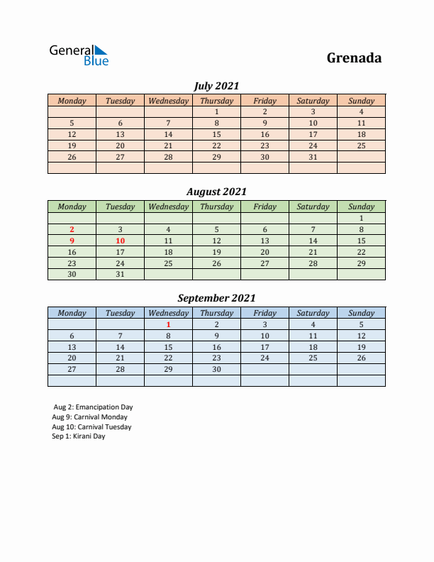 Q3 2021 Holiday Calendar - Grenada