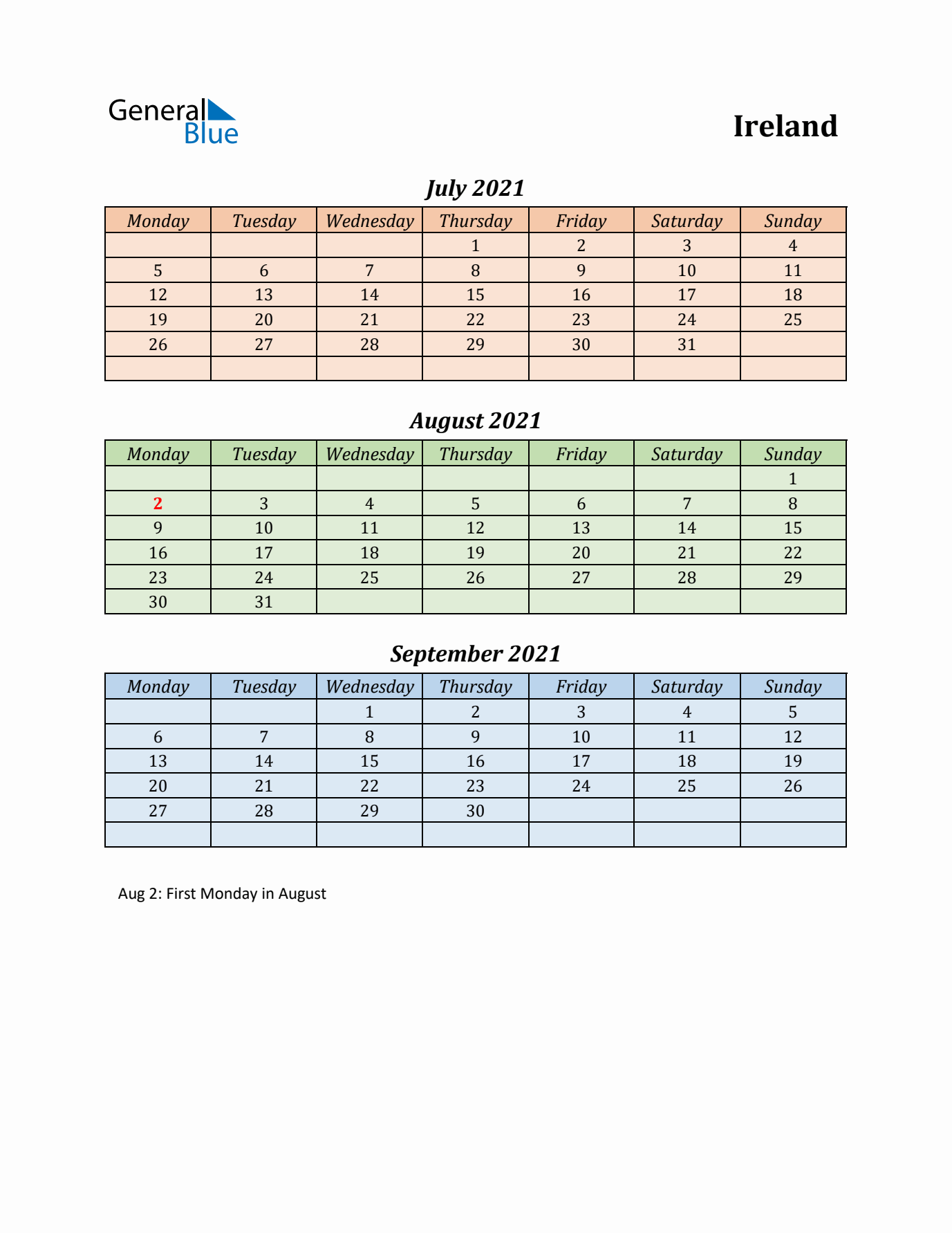 Q3 2021 Holiday Calendar - Ireland