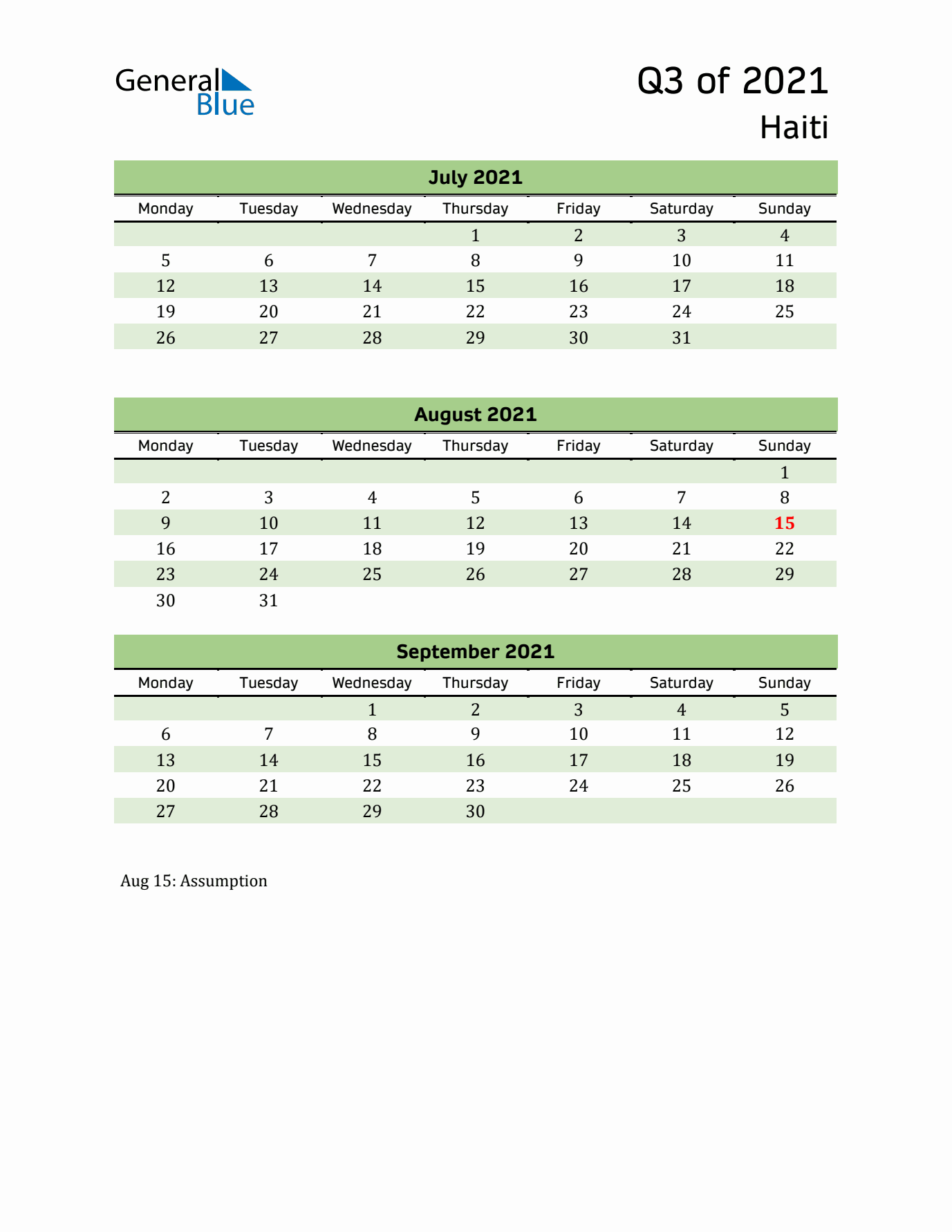 Quarterly Calendar 2021 with Haiti Holidays