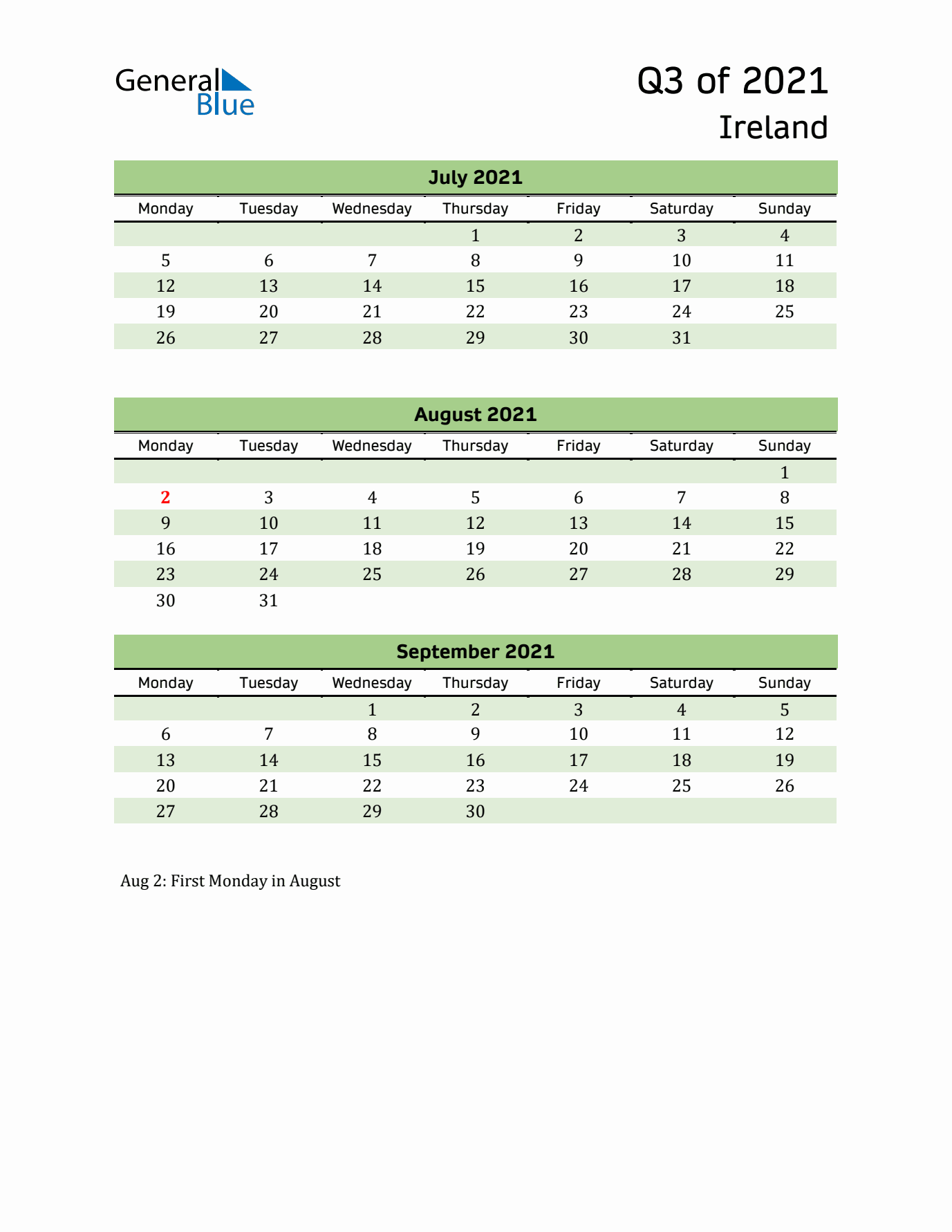 Quarterly Calendar 2021 with Ireland Holidays