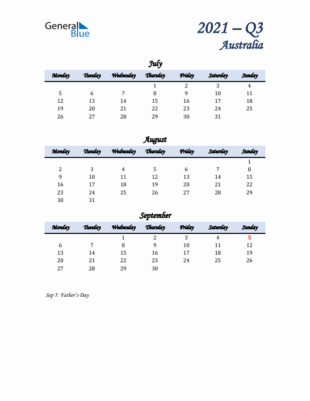 July, August, and September Calendar for Australia with Monday Start