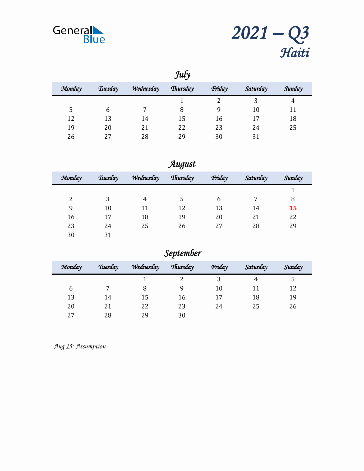 July, August, and September Calendar for Haiti with Monday Start